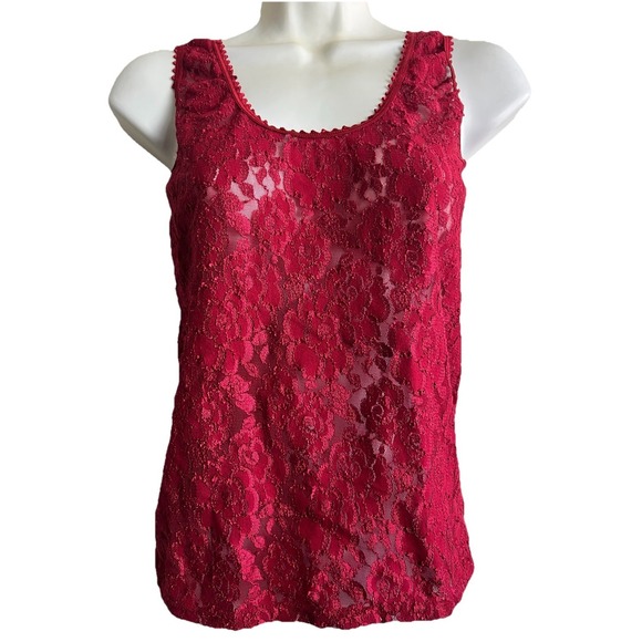 Tryse Tops - Lace Top Medium Sleeveless Shirt Red Floral Women Clothing
